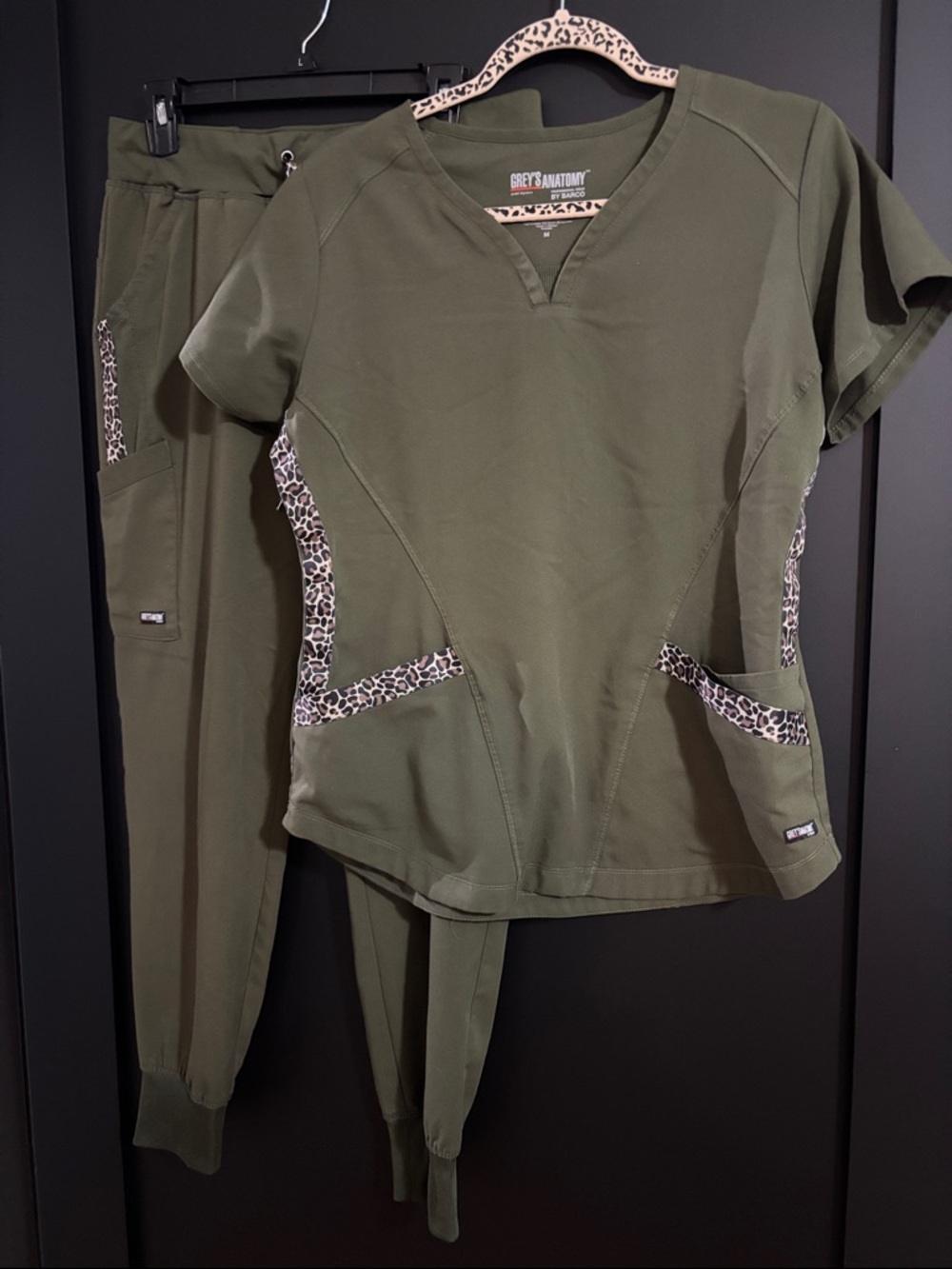 Grey's Anatomy Olive Scrub Set with Leopard Accents